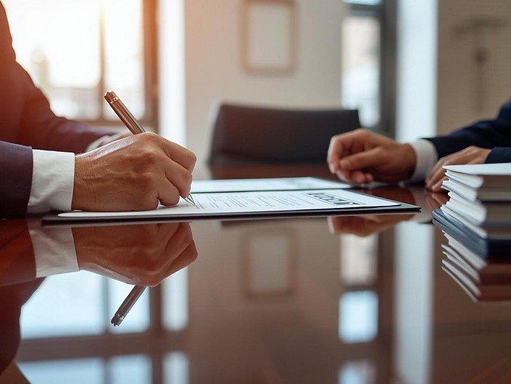 Immobilienverkauf abgesichert durch notarielle Generalvollmacht, Vertragsunterzeichnung mit Notar, professionelle Dokumente auf Schreibtisch, Valentin Hauser Immobilien