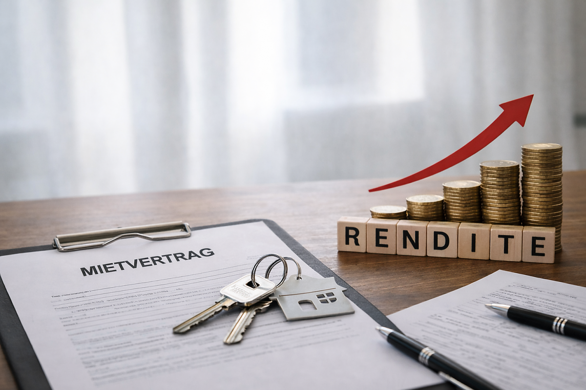 Mietvertrag mit Schl�sselbund, Hausanh�nger, steigenden M�nzstapeln und Rendite-Symbolik auf einem Tisch � Immobilieninvestment bei Valentin Hauser Immobilien.
