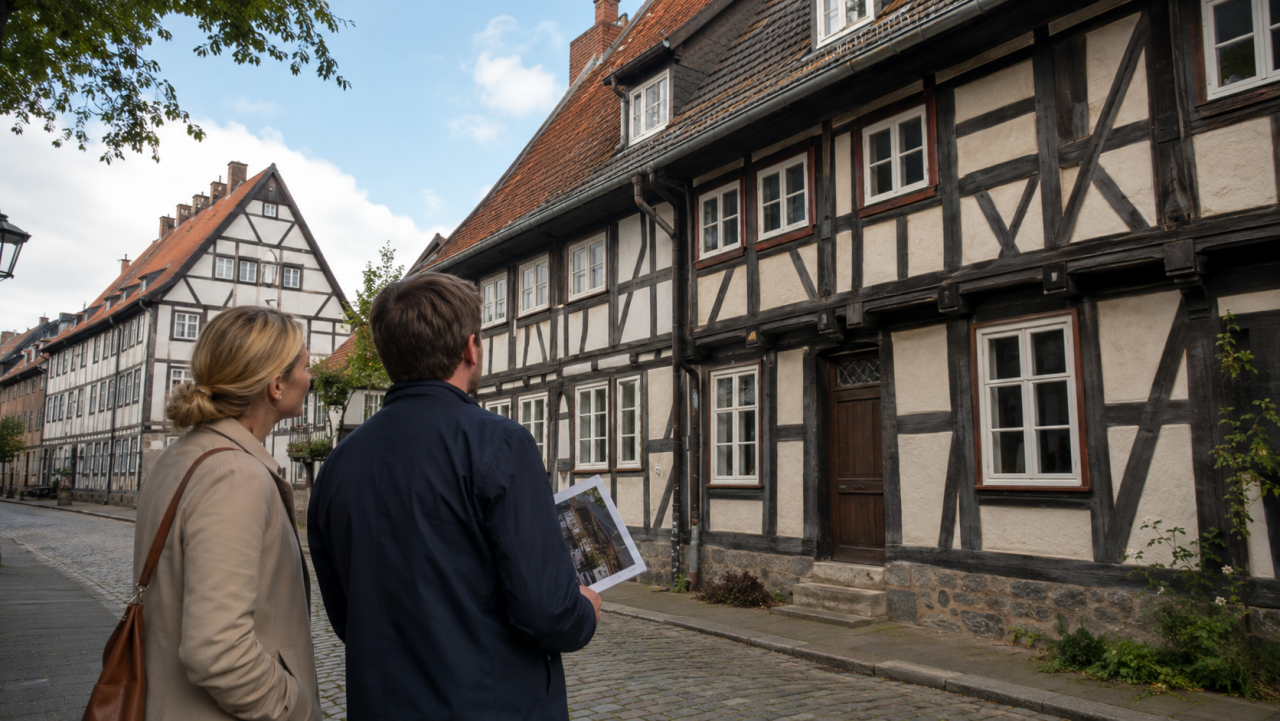 Kaufinteressenten besichtigen ein historisches Fachwerkhaus in Goslar