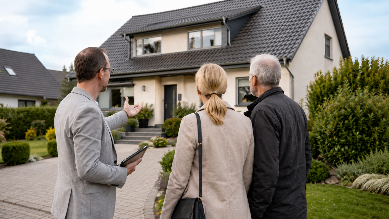 Immobilienmakler in Goslar ber�t Eigent�mer bei der Besichtigung eines Hauses